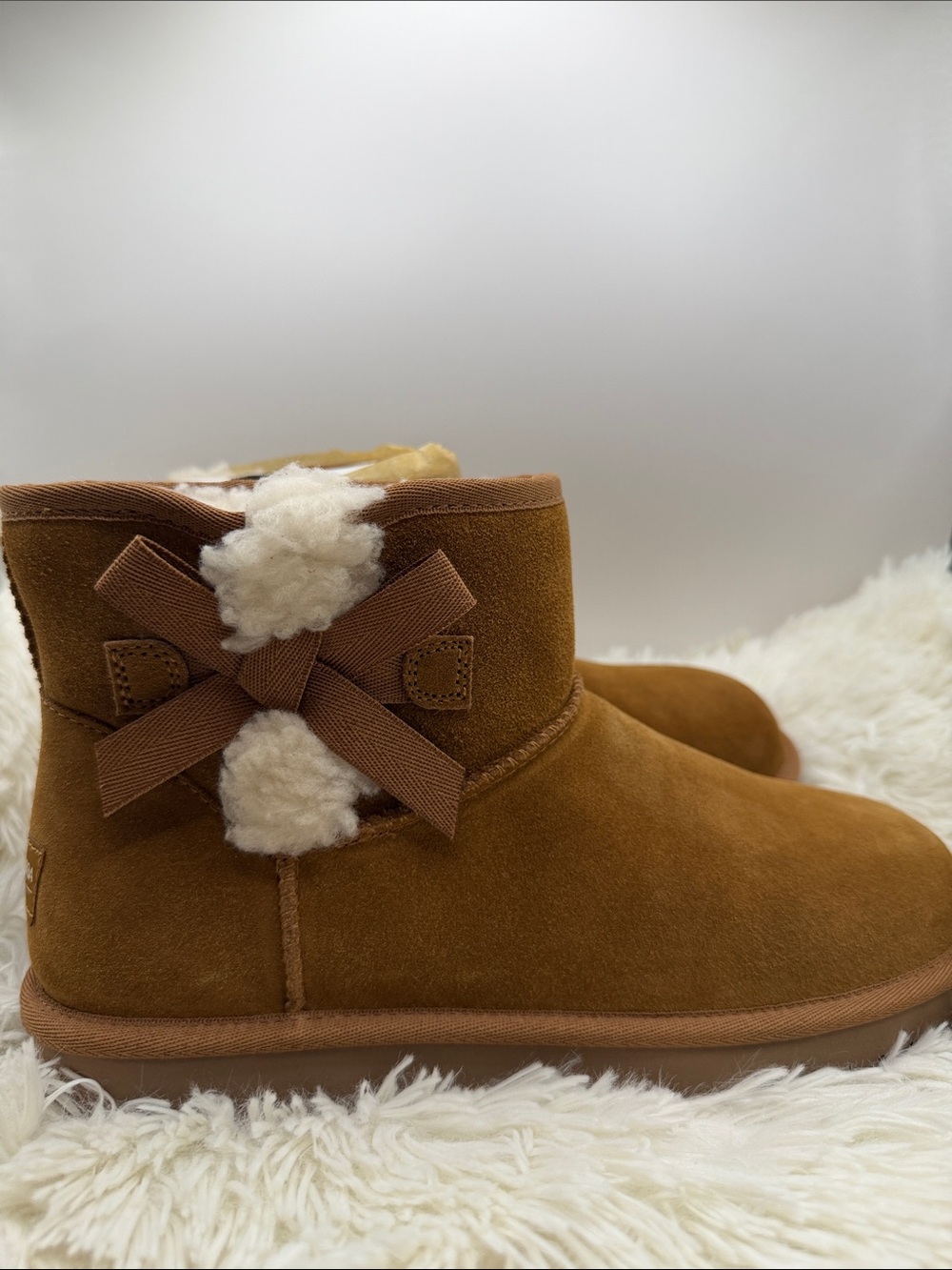 Koolaburra Chestnut Suede Ankle Booties with Bow and Shearling Trim